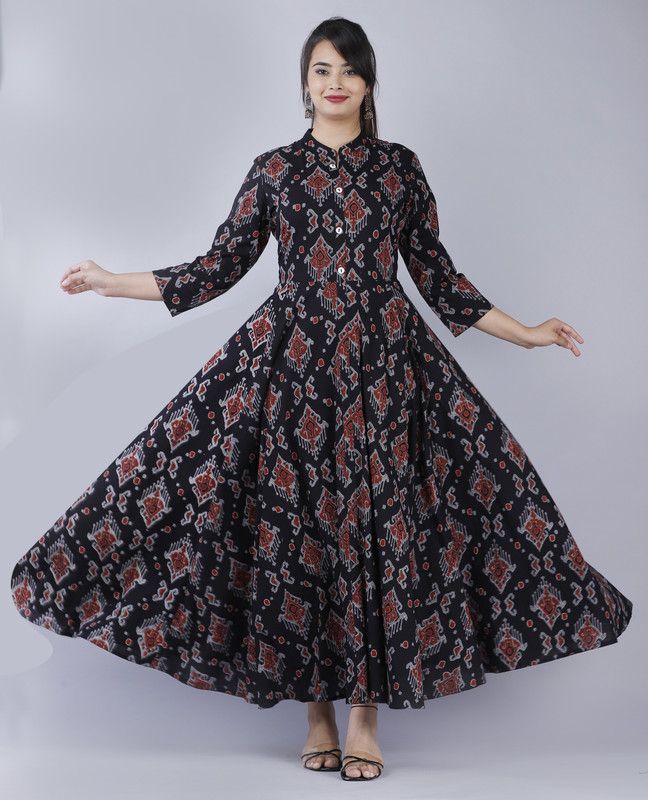 Women Block Print Cotton Rayon Flared Kurta  (Brown, Black)