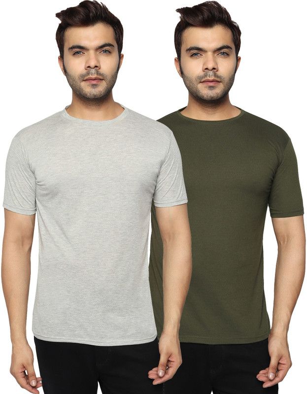 Solid Men Grey, Dark Green T-Shirt  (Pack of 2)