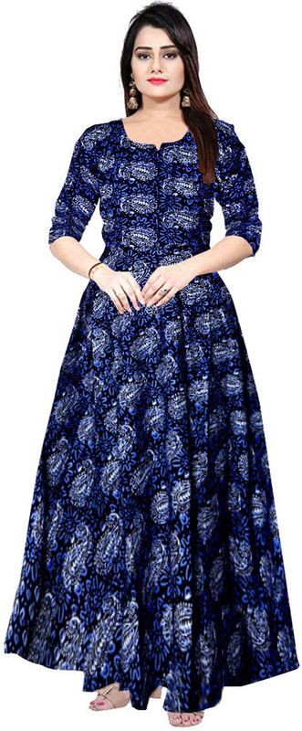 Printed Rayon Blend Stitched Flared/A-line Gown  (Dark Blue)