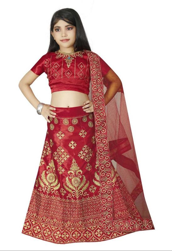 Indi Girls Lehenga Choli Ethnic Wear Embroidered Lehenga, Choli and Dupatta Set  (Maroon, Pack of 1)