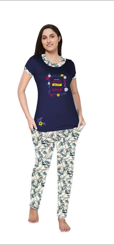 Women Printed Dark Blue Night Suit Set