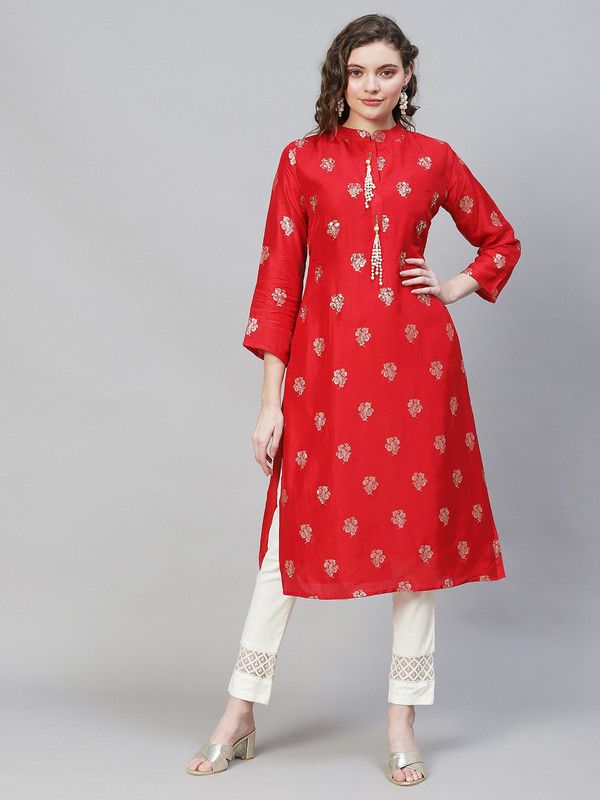 Women Woven Design Silk Blend Straight Kurta  (Red)