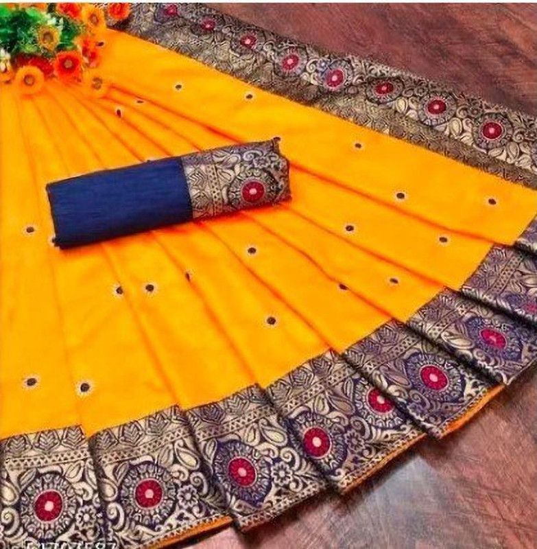 Embroidered Banarasi Silk Blend Saree  (Yellow)