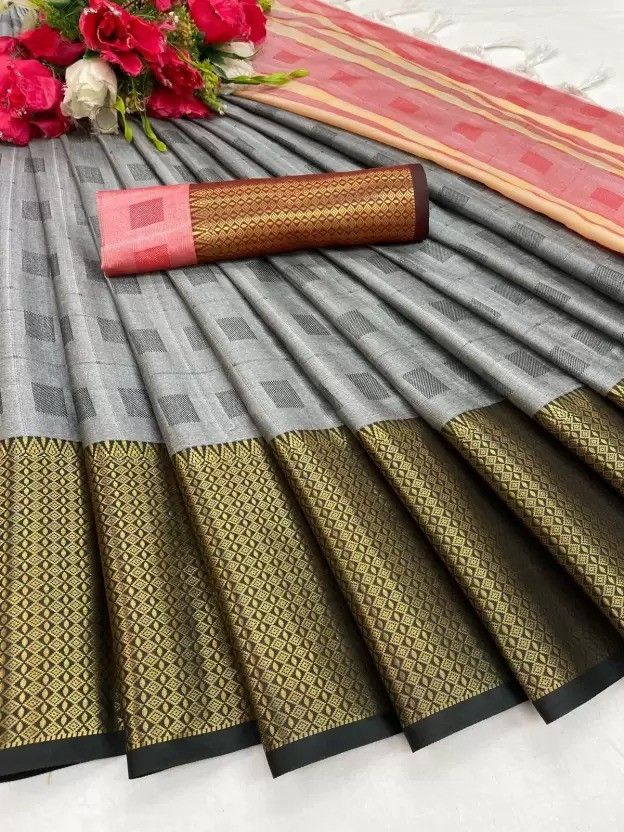 Self Design, Woven, Checkered Dharmavaram Cotton Silk, Cotton Blend Saree  (Black, Grey)