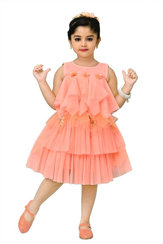 Girls Below Knee Party Dress  (Orange, Sleeveless)