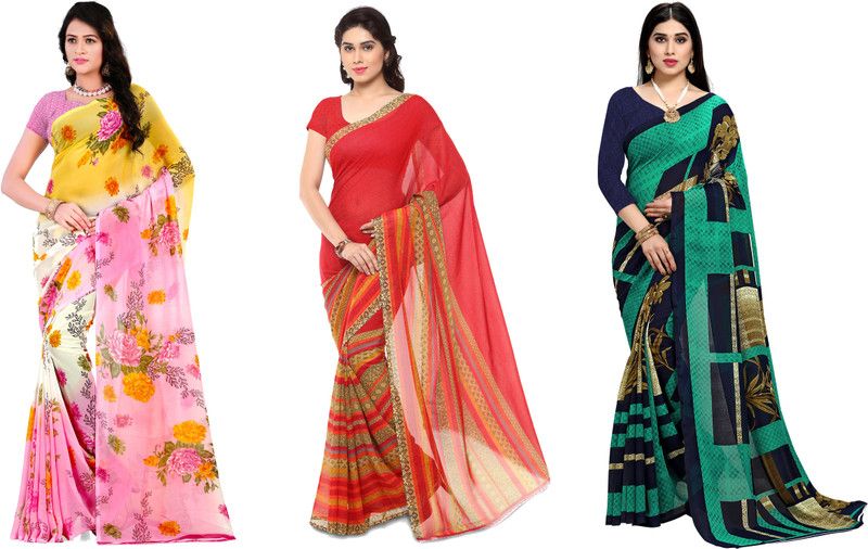 Paisley, Ombre, Geometric Print, Floral Print Daily Wear Georgette Saree  (Pack of 3, Red, Green, Yellow)