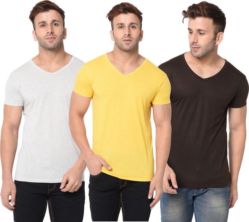 Pack of 3 Men Solid V Neck Cotton Blend Brown, Grey, Yellow T-Shirt