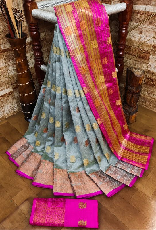 Woven Assam Silk Cotton Silk Saree  (Grey)