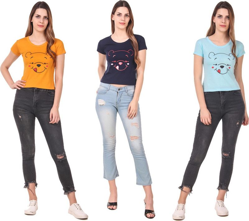 Pack of 3 Women Printed Round Neck Cotton Blend Dark Blue, Light Blue, Yellow T-Shirt