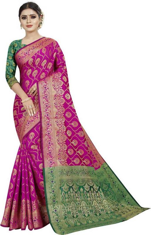 Woven Handloom Silk Blend, Jacquard Saree  (Pink)