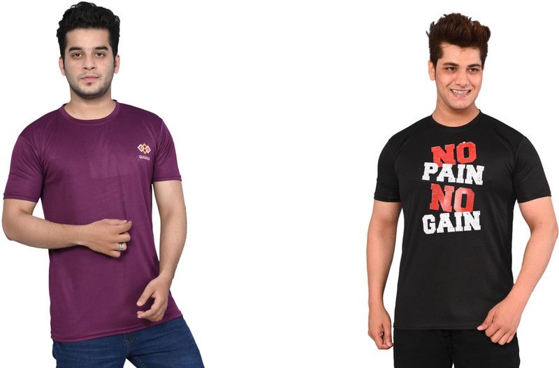 Pack of 2 Men Printed Round Neck Elastane Purple, Black T-Shirt