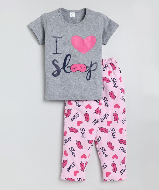 Girls Printed Pure Cotton Kids Nightwear  (Grey Pack of 1)