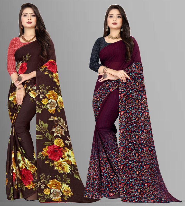 Floral Print Daily Wear Georgette Saree  (Pack of 2, Purple, Brown)