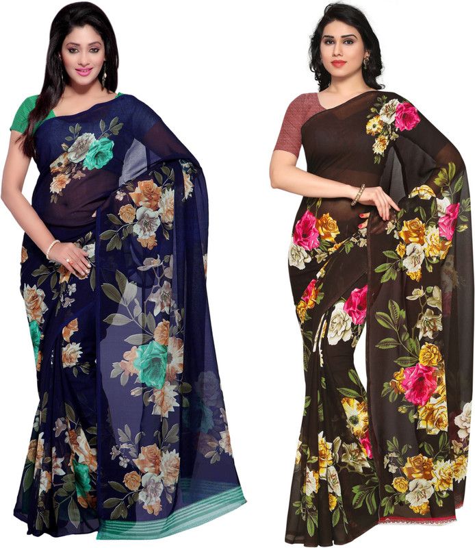 Printed Daily Wear Georgette Saree  (Pack of 2, Dark Blue, Black)