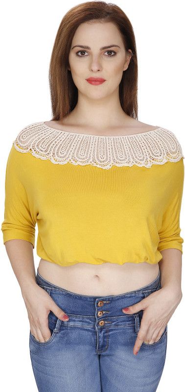 Party Regular Sleeves Lace, Solid Women Yellow Top
