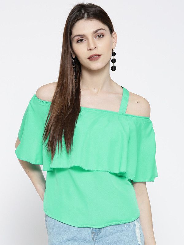 Casual Cold Shoulder Sleeves Solid Women Light Green Top