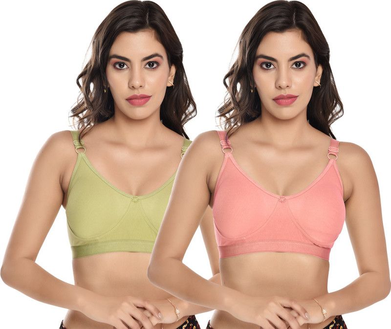 NA Women T-Shirt Non Padded Bra  (Light Green, Orange)