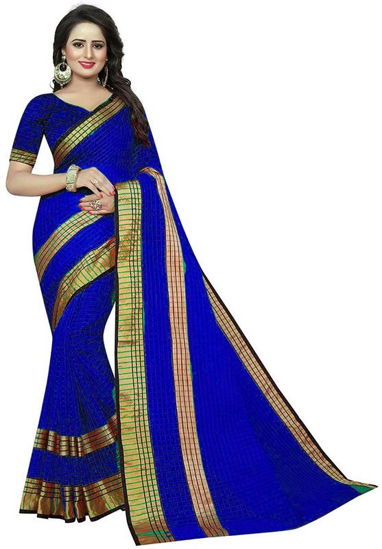 Checkered Daily Wear Cotton Silk Saree  (Dark Blue)