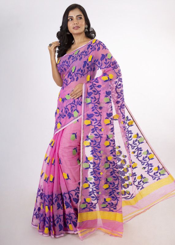 Woven Jamdani Cotton Blend Saree  (Pink)