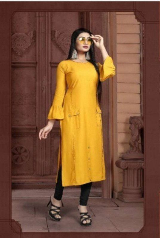 Girls Solid Kurta  (Yellow)