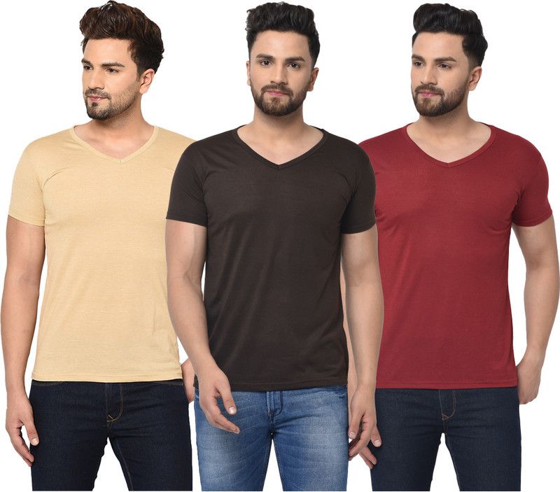 Pack of 3 Men Solid V Neck Cotton Blend Brown, Maroon, Beige T-Shirt