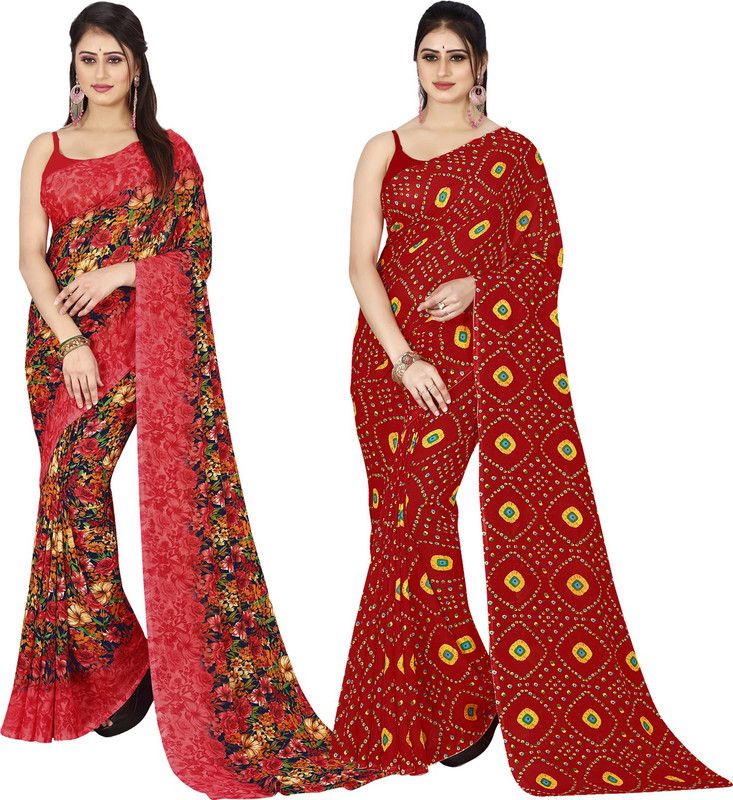 Printed Daily Wear Georgette Saree  (Pack of 2, Pink, Red)