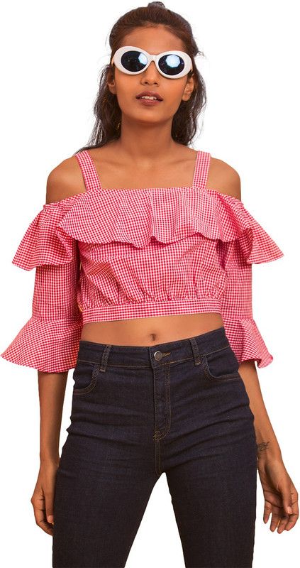 Party Regular Sleeves Checkered Women Pink Top