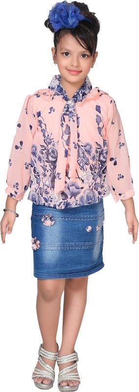 Girls Casual Denim Shirt Style Top  (Multicolor, Pack of 1)