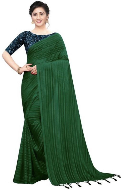 Striped Bollywood Chiffon Saree  (Dark Green)
