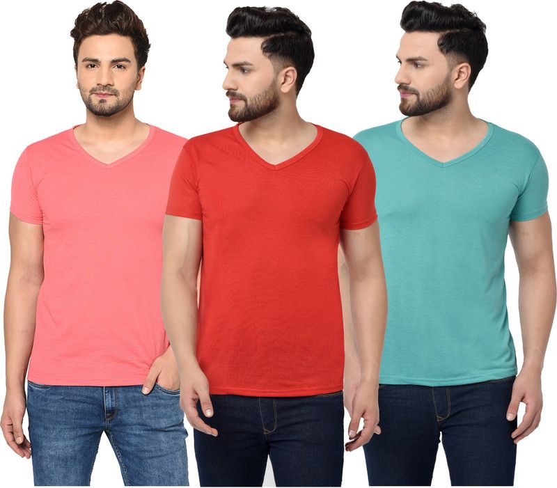 Pack of 3 Men Solid V Neck Cotton Blend Light Blue, Red, Pink T-Shirt