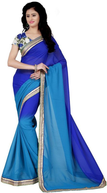 Solid Bollywood Georgette Saree  (Light Blue, Blue)