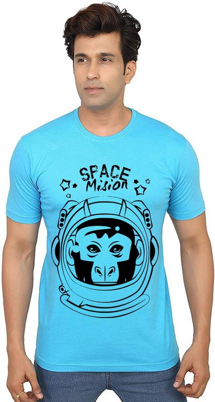 Space Mission Men Graphic Print Round Neck Pure Cotton Light Blue T-Shirt