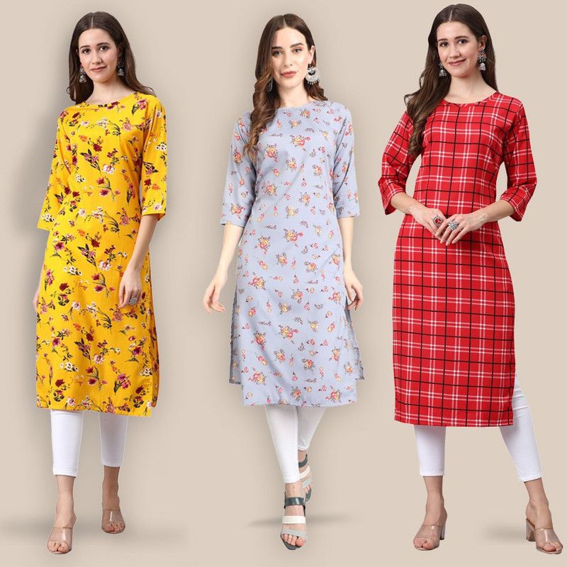 Pack of 3 Women Floral Print Crepe Straight Kurta  (Red)