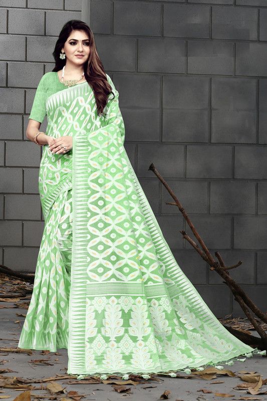 Printed Banarasi Cotton Blend Saree  (Green)