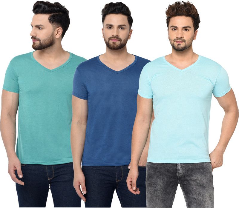 Pack of 3 V neck Combo T-shirts Multicolor Men Solid V Neck Cotton Blend Dark Blue, Light Blue T-Shirt