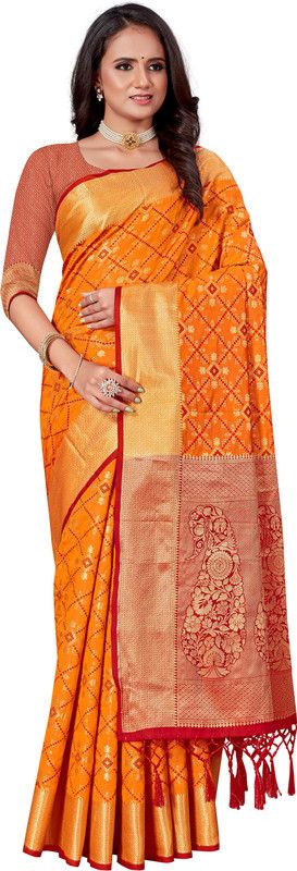 Woven Bandhani Pure Silk Saree  (Orange)