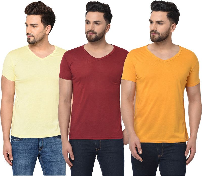 Pack of 3 V neck Combo T-shirts Multicolor Men Solid V Neck Cotton Blend Maroon, Yellow T-Shirt