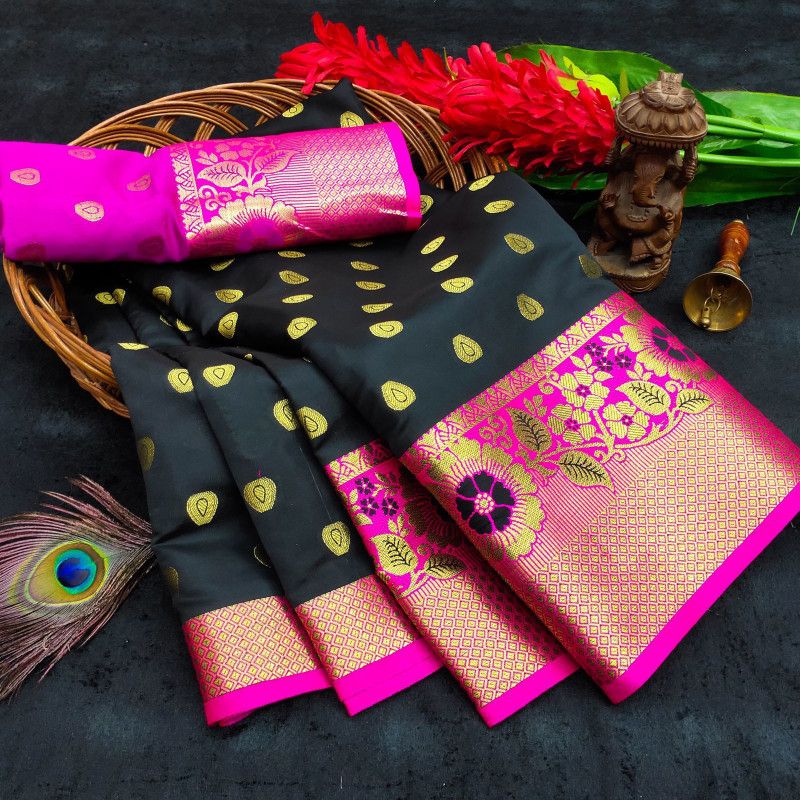 Woven Assam Silk Art Silk Saree  (Black)