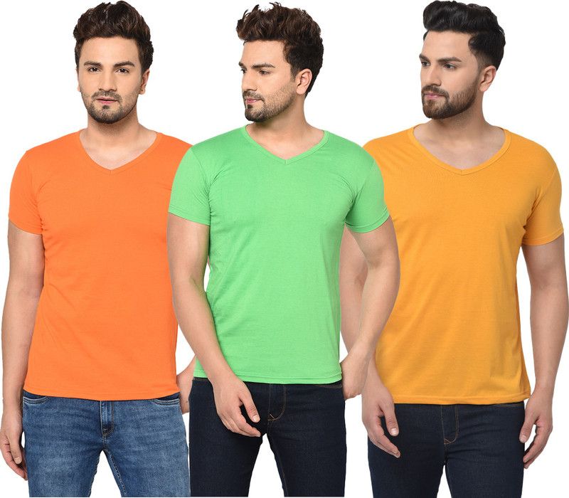 Pack of 3 V neck Combo T-shirts Multicolor Men Solid V Neck Cotton Blend Green, Orange, Yellow T-Shirt