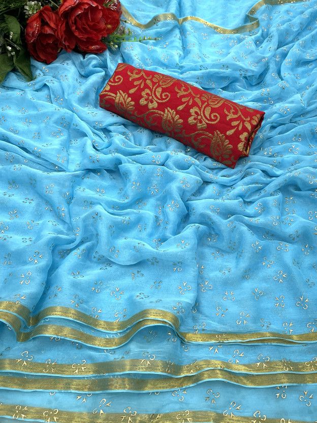 Printed Bollywood Chiffon Saree  (Light Blue)