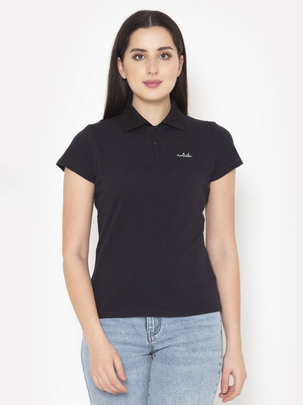Mod-Tsh-350-S Women Solid Polo Neck Cotton Blend Navy Blue T-Shirt
