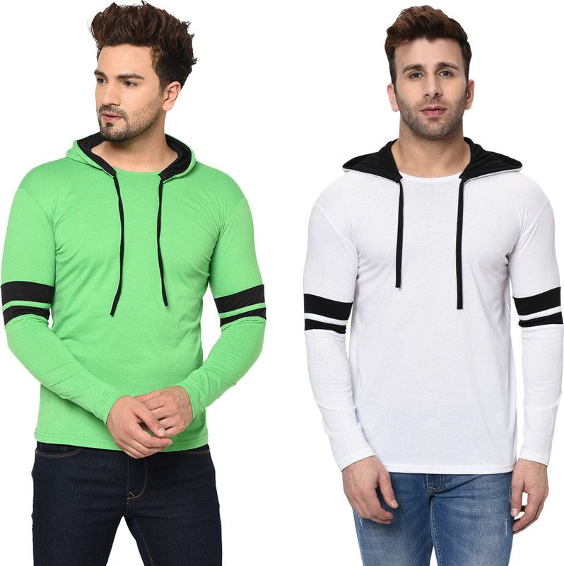 Pack of 2 MZM-FZN Men Solid Hooded Neck Cotton Blend Green, White T-Shirt
