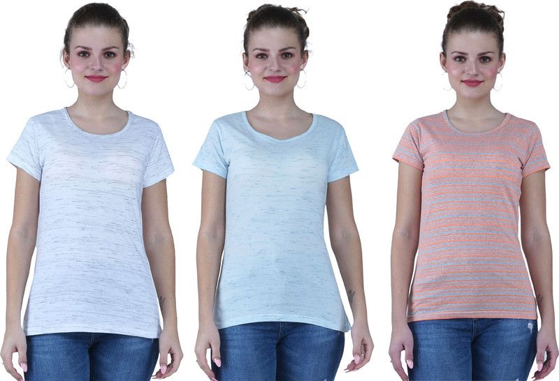 Pack of 3 Women Self Design Round Neck Cotton Blend Orange T-Shirt