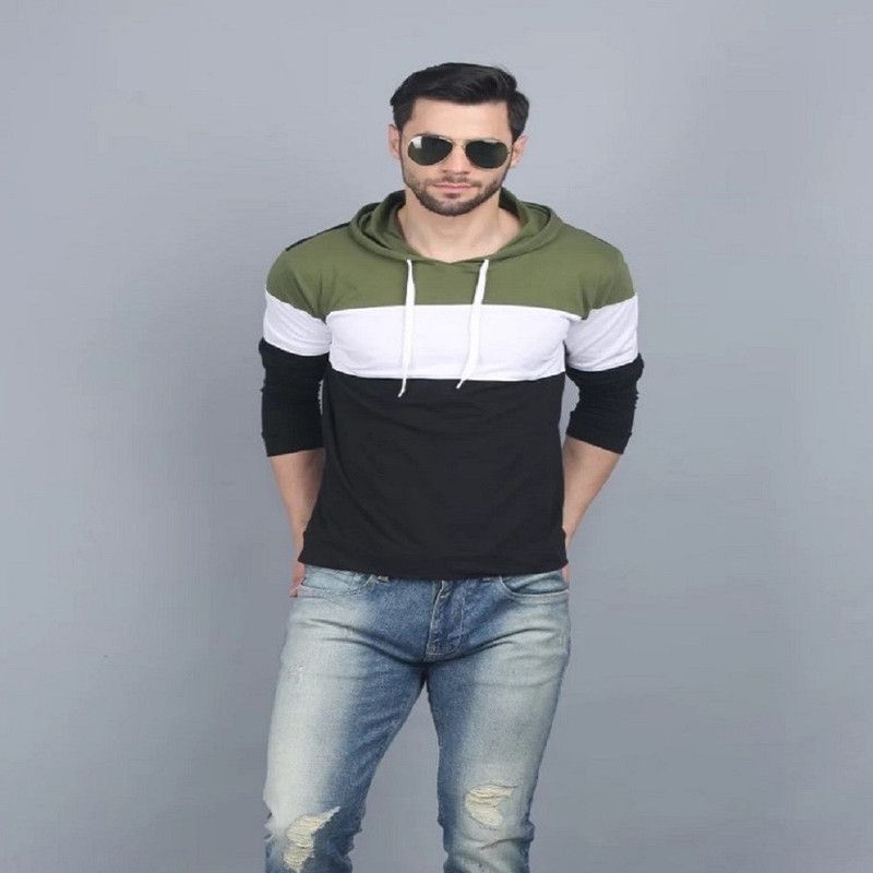 Men Solid Hooded Neck Cotton Blend Dark Green, White, Black T-Shirt