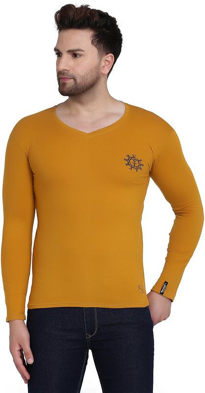 Men Printed V Neck Cotton Blend Yellow T-Shirt