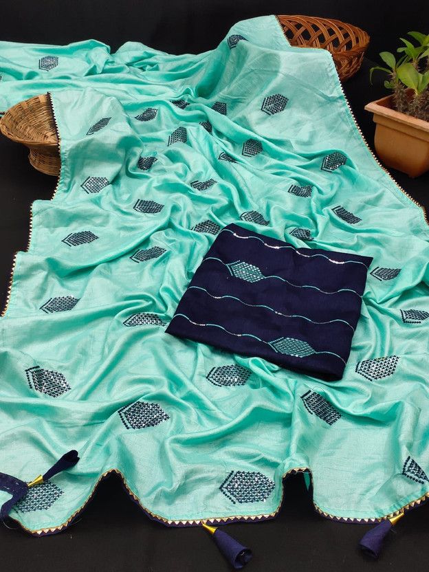 Embroidered Jamdani Cotton Blend Saree  (Light Blue)