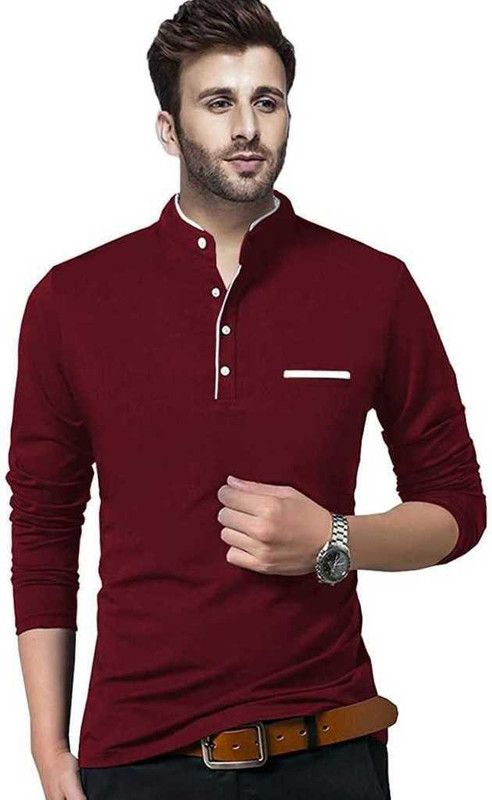Men Solid Mandarin Collar Cotton Blend Maroon T-Shirt