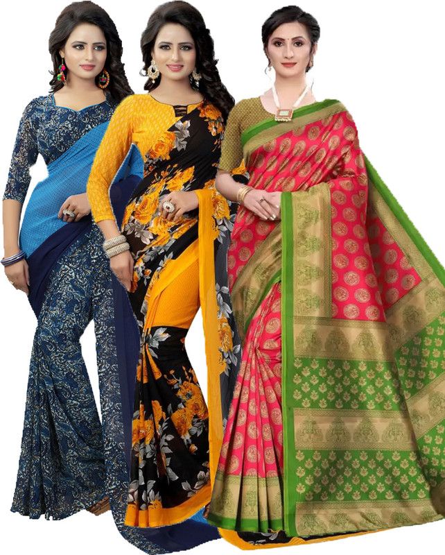 Printed Bollywood Georgette Saree  (Pack of 3, Blue, Yellow, Pink)