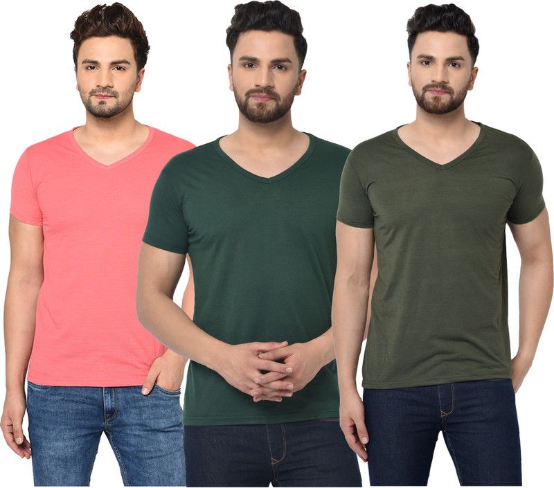 Pack of 3 Men Solid V Neck Cotton Blend Red, Green T-Shirt
