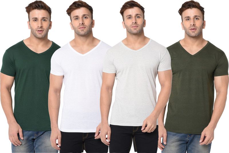 Pack of 4 Men Solid V Neck Cotton Blend Dark Green, White T-Shirt